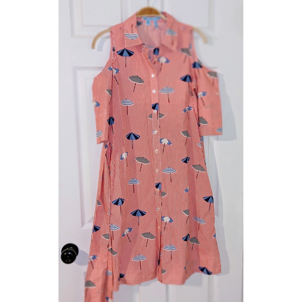 Draper James Shirt Dress Cold Shoulder Striped Umbrella Print Belted Size 2 NWOT - Picture 7 of 12